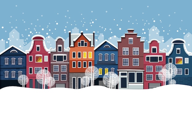 flat style winter street with cute houses with snow falling