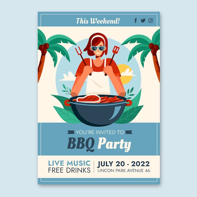 Vector flat summer barbecue poster template with grill and woman