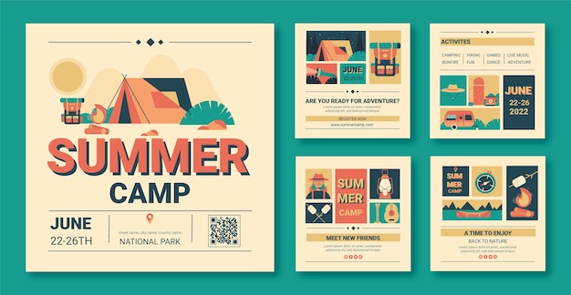 Vector flat summer camp instagram posts collection