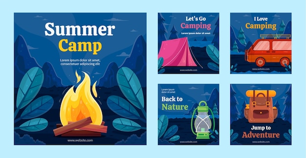 Vector flat summer camping instagram posts collection