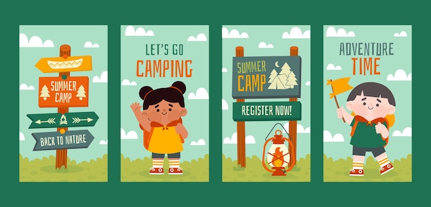 Vector flat summer camping instagram stories collection