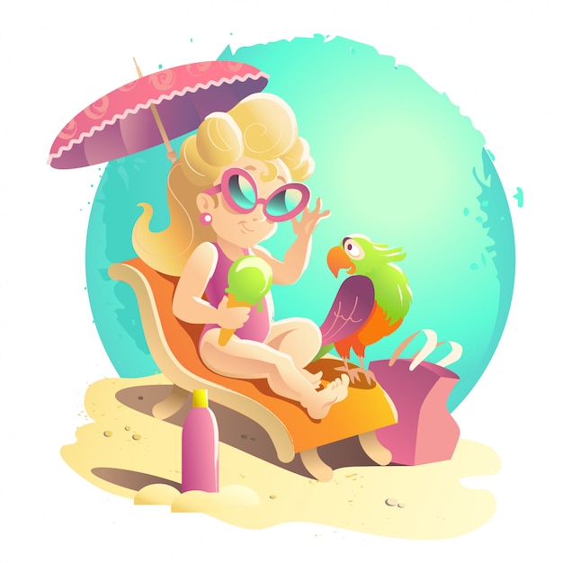 Flat summer cartoon illustration. sea coast, sand, sky. young cute girl in sunglasses sitting on sunbed with smiling parrot under umbrella.