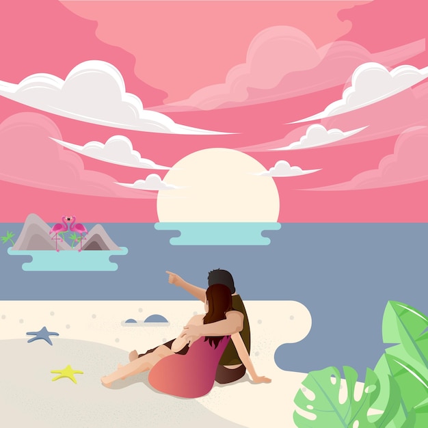 Vettore illustrazione di un giorno di estate piatto con una coppia sulla spiaggia