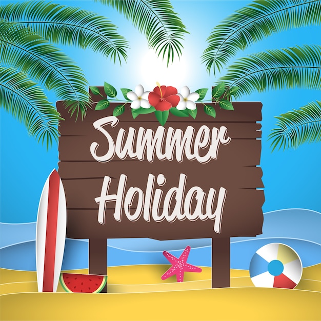 Vector flat summer holiday greeting card with wooden sign