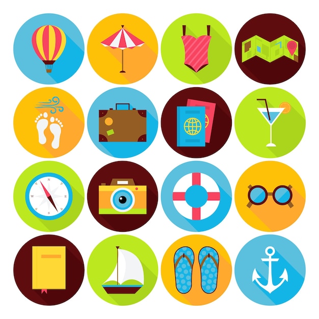 Flat summer holiday icons set. vector flat stylized circle shaped vacation, travel and sea icons with long shadow