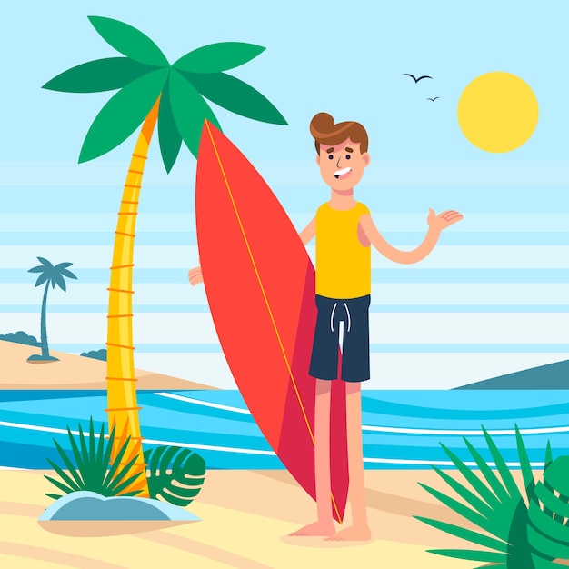 Vector flat summer illustration with man and surfboard