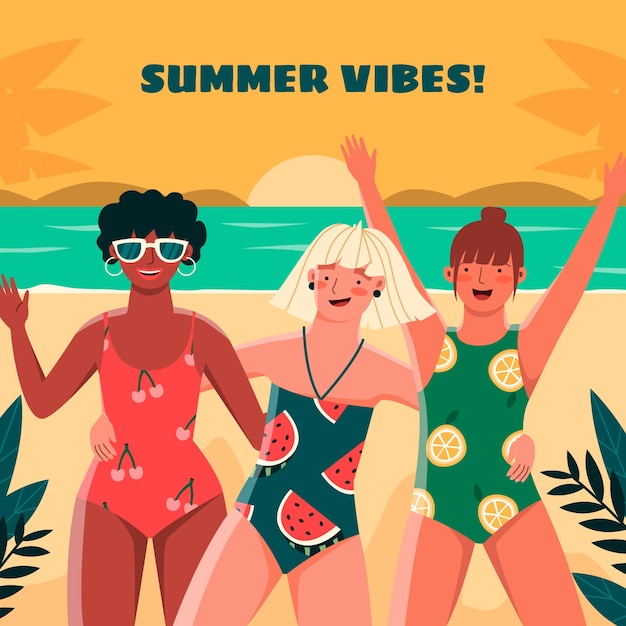 Flat summer illustration with people at beach