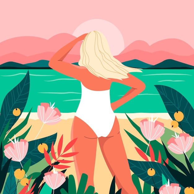 Vector flat summer illustration with woman looking at the beach