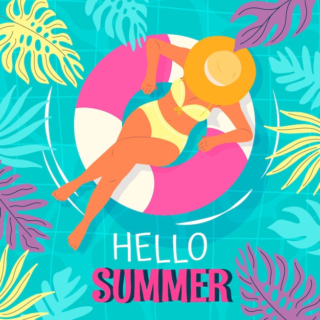 Vector flat summer illustration with woman at the pool and vegetation