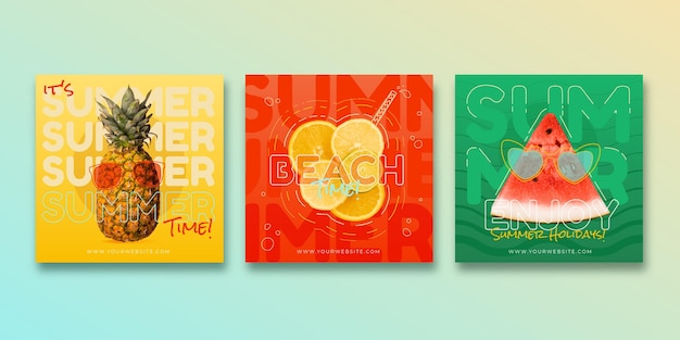 Vector flat summer instagram posts collection with photo