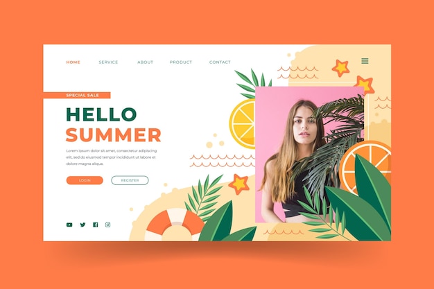 Flat summer landing page template with photo