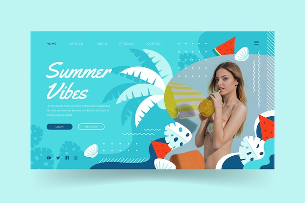 Vector flat summer landing page template with photo