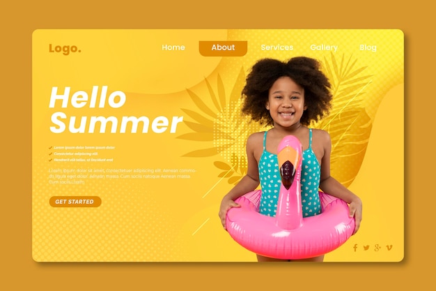 Vector flat summer landing page template with photo