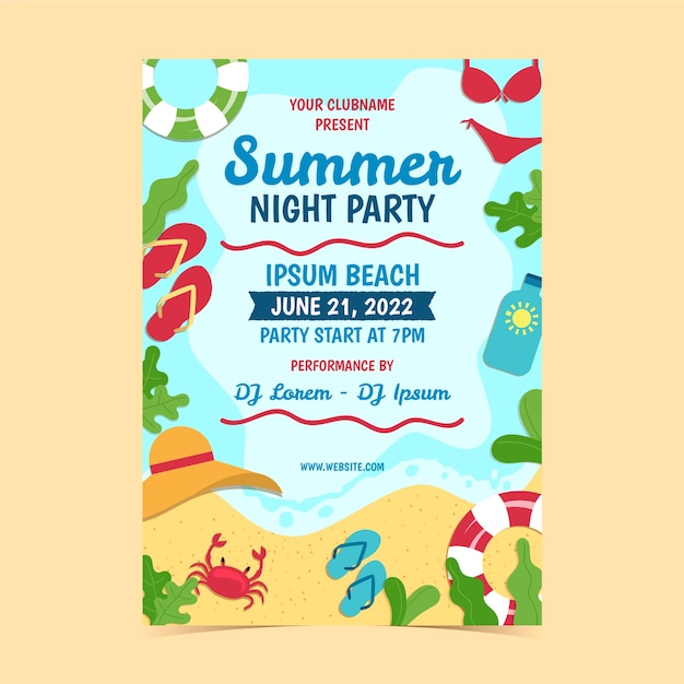 Шаблон плаката плоской летней ночной вечеринки с пляжем