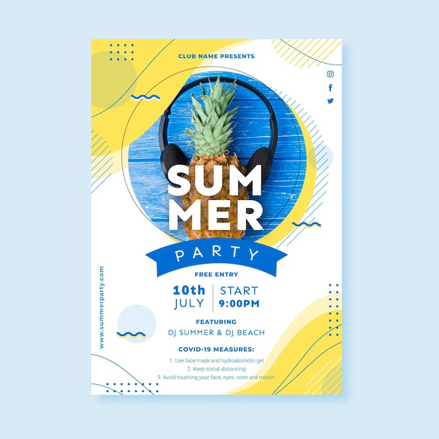 Flat summer party poster template with photo