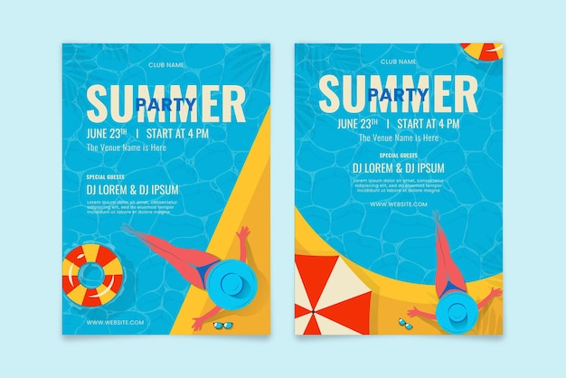 Flat summer party poster template with woman relax at pool