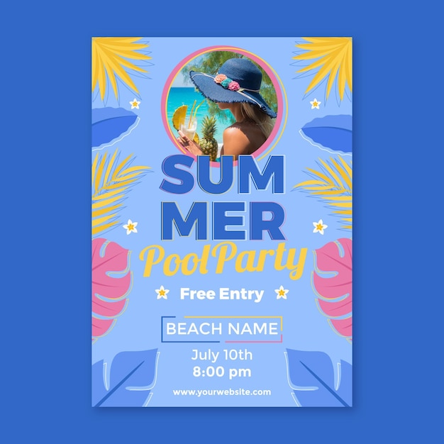 Flat summer party vertical poster template with photo