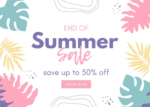 Flat summer sale banner with tropical floral illustration