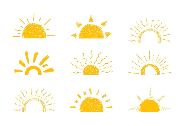 ベクトル 平らな太陽のアイコン。太陽のピクトグラム。ウェブサイトのデザイン、ウェブボタン、モバイルアプリのトレンディなベクトル夏のシンボル。ベクトル落書き太陽。