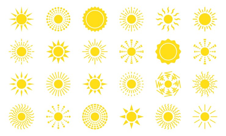 Vector 平らな太陽のアイコン。太陽のピクトグラム。ウェブサイトのデザイン、ウェブボタン、モバイルアプリのトレンディなベクトル夏のシンボル。