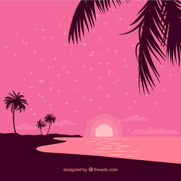 Vector flat sunset background with palm trees