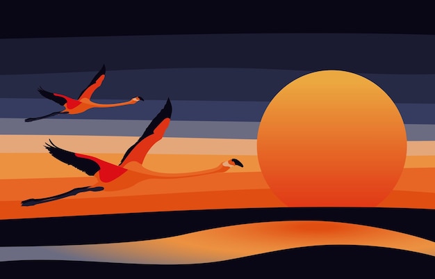 Vector flat sunset illustration with two flamingos