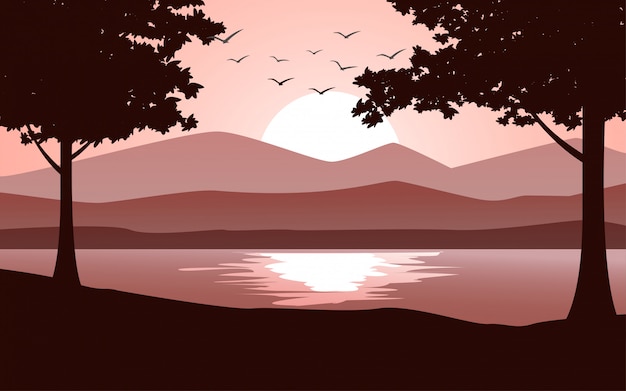 Vector flat sunset image with tree silhouette