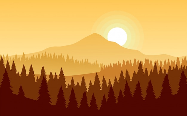 Flat sunset landscape with mountain