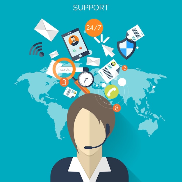 Vector flat support service background temwork concept global communication and working expierence business