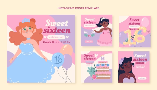 Вектор Коллекция плоских сладких 16 постов в instagram