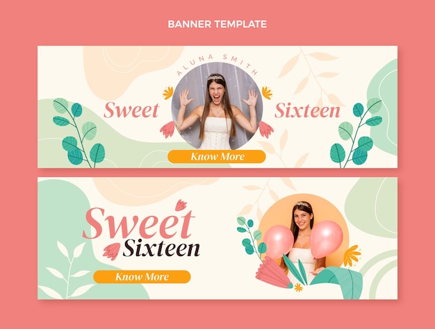 Flat sweet sixteen horizontal banners set