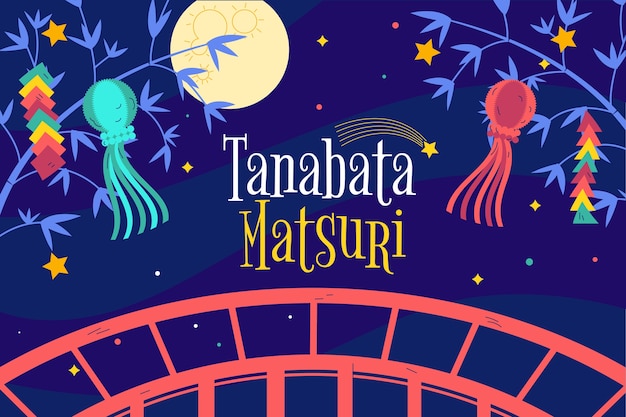 Flat tanabata illustration with ornaments and bridge