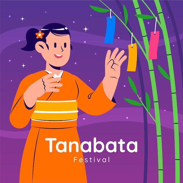 Vector flat tanabata illustration with person hanging tags on bamboo