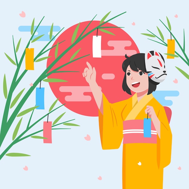 Vector flat tanabata illustration with woman hanging decorations