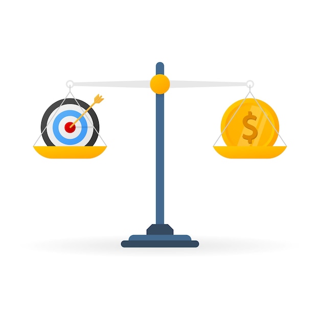 Flat target vs money on scales. Time management. Vector illustration.