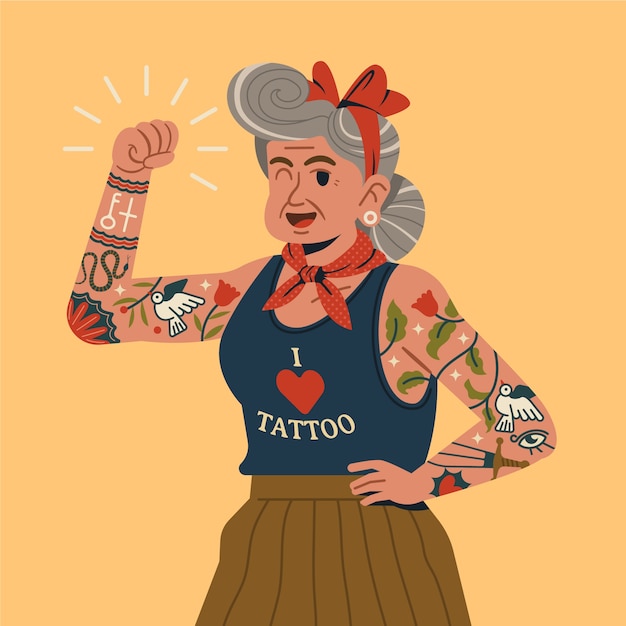 Vector flat tattooed old people illustration