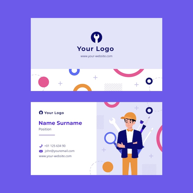 Flat tech repair company horizontal business card template