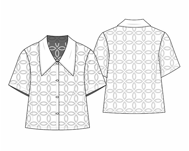 Vector flat technical sketch drawing template shirt with lace fashion details vintage lace cotton design vector illustration lace fashion cad mock up design for clothing garments apparel