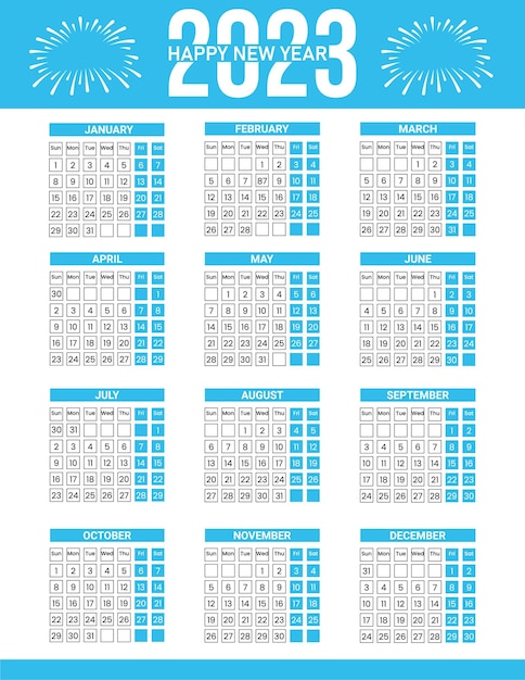 Flat template for 2023 new year calendar