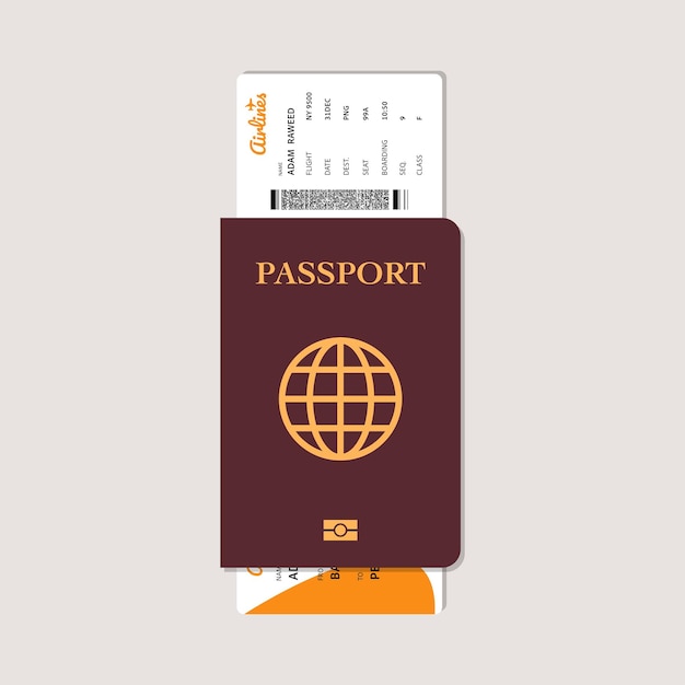 flat template of orange boarding pass with passport