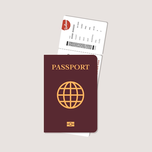 Vector flat template of red boarding pass with passport