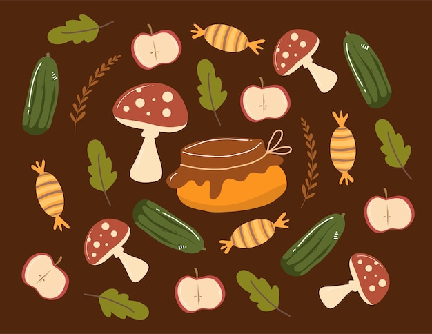 フラットなデザイン リソースと背景を持つ感謝祭のコンセプトのフラットな感謝祭の食品セット