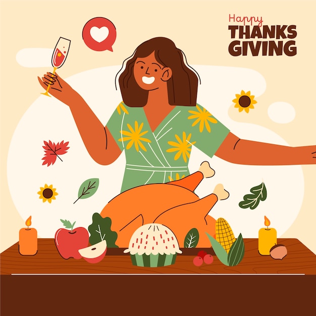 flat thanksgiving illustration with woman and turkey