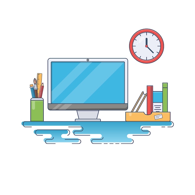 Vector flat thin line vector illustration of creative workspace