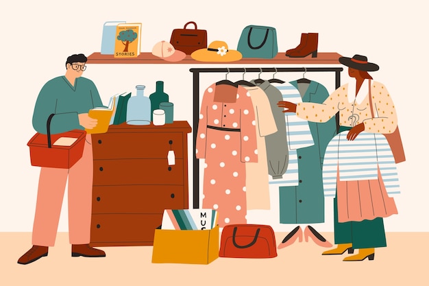Flat thrift store shopping experience illustration