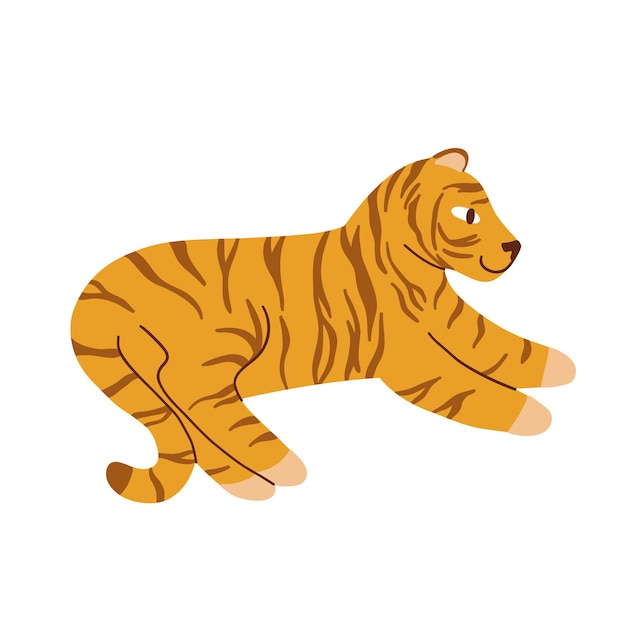 Flat tiger drawn by hands in a supine position cute colorful chinese tiger vector on white