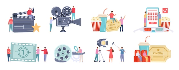 Flat tiny characters recording, making and watching movies. Film director, shooting crew, people at cinema. Movie production team vector set. Man and woman buying tickets online, sitting in armchairs