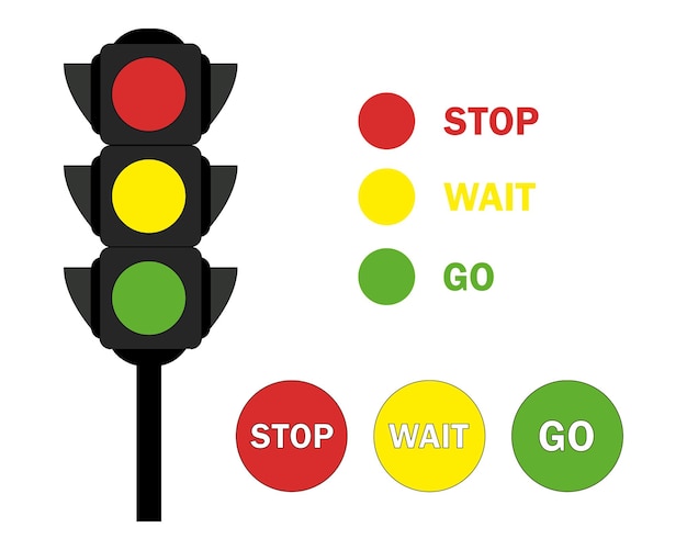 세 가지 색상이 있는 평면 신호등 빨간색 노란색 녹색 텍스트 색 배지가 있는 신호등 그림 설정