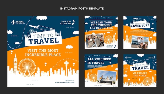 Flat travel instagram post collection