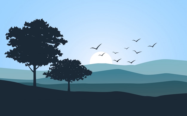 Vector flat tree landscape with sunrise